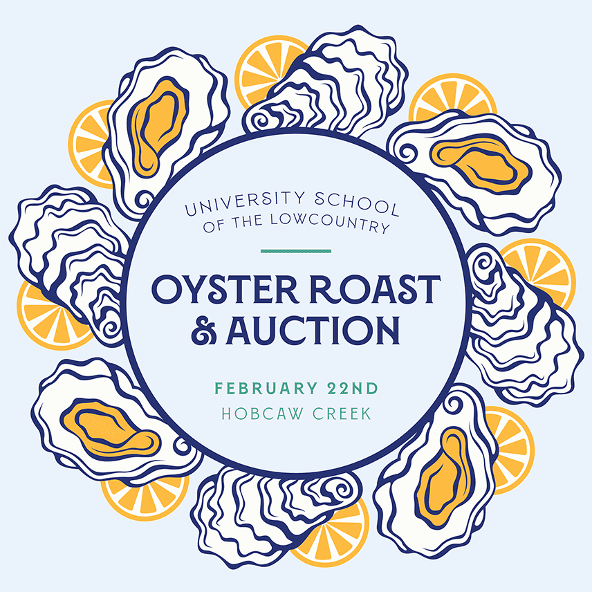 A circular graphic promoting the University School of the Lowcountry's "Oyster Roast & Auction" event. The center features the event name and details, including "February 22nd" and "Hobcaw Creek," surrounded by a ring of illustrated oysters and lemon slices in alternating patterns. The design uses bold navy and gold tones on a light blue background, creating a festive and cohesive look.